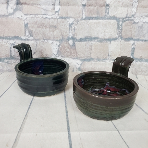 Handcrafted Studio Pottery Handled Soup Bowls Multicolored Glaze Set of 2 - Picture 2 of 16